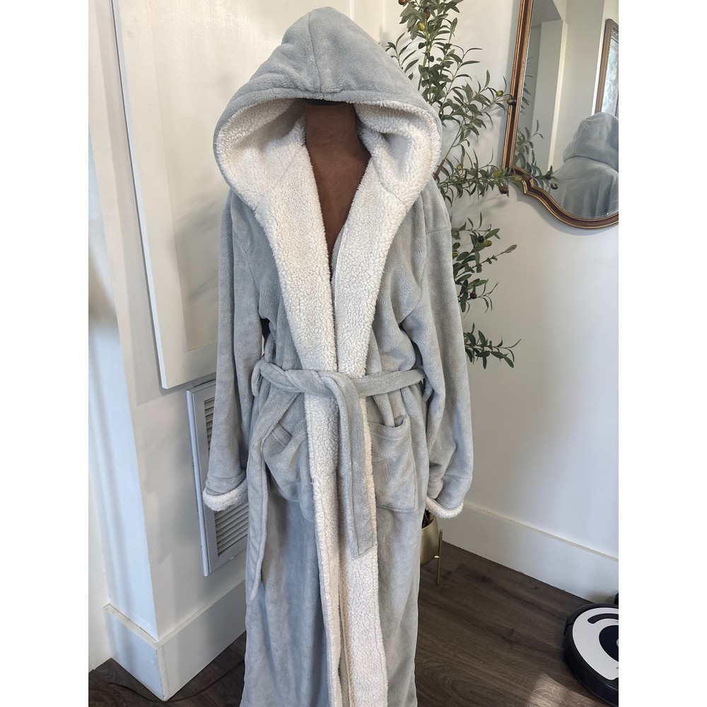 Alexander Del Rossa Womens Gray Plush Hooded Sherpa Lined Full Length Robe S/M